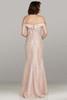 Back view of style 18491 in blush showing structured fit, satin neckline, and flowing hem