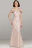 Feriani 18491 blush beaded mesh fit‑and‑flare gown with satin off‑shoulder neckline and waist detail