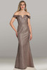 Feriani 18491 gown in charcoal with allover beadwork and off‑the‑shoulder satin collar band