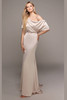 Close‑up of pleated sleeve detail and smooth fit of the off‑shoulder gown’s bodice