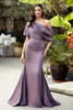 Pleated off-the-shoulder neckline MOG gown with fitted skirt