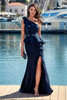 Alyce Paris style 27577 front view - navy one-shoulder fit-and-flare MOB dress with ruffles and slit