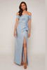 Alternate view in Ice Blue version with off-the-shoulder neckline and skirt slit Alternate view in Ice Blue version with off-the-shoulder neckline and skirt slit