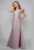 Alternate angle showcasing ruffle shoulder and flared hem