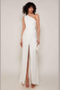 Alternate color front view highlighting asymmetric pleats and high slit