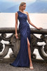 Lifestyle shot with one-shoulder gown styled for formal outdoor event