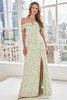 Front view of Morilee 73103 celadon floral brocade mother of the bride dress with off-the-shoulder neckline