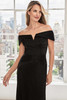 Front view of Morilee 73104 black metallic knit mother of the bride dress with off-the-shoulder neckline