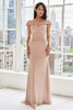 Front view of Morilee 73104 rose gold metallic knit mother of the bride dress with off-the-shoulder neckline