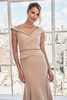 Front view of Morilee 73112 taupe stretch crepe mother of the bride dress with off-the-shoulder neckline