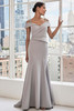 Front view of Morilee 73112 silver stretch crepe mother of the bride dress with cold-shoulder sleeves