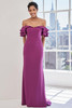 Front view of Morilee 73123 mulberry stretch crepe mother of the bride dress with off-the-shoulder neckline