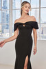 Close-up of the draped off-the-shoulder neckline and keyhole detail on Morilee 73129