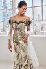 Front view of Morilee 73130 midnight and gold metallic jacquard mother of the bride dress with matching stole