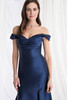 Close-up of the draped off-the-shoulder bodice on Morilee 73150 mother of the bride dress
