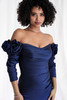 Close-up of off-the-shoulder neckline and rosette sleeves on Morilee 73151 mother of the bride dress