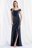 Front view of Morilee 73152 stone shimmer jersey mother of the bride dress with off-the-shoulder neckline