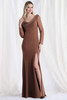 Front view of Morilee 73156 caramel stretch crepe mother of the bride dress with beaded cowl neckline