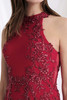Close-up of beaded appliqué halter bodice on Morilee 73168 red mother dress