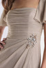Close-up of draped bodice and beaded appliqué on Morilee 73178 metallic knit gown