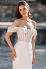 Allure Bridals A1300 gown front—sleek sheath skirt in Mikado with off-shoulder lace corset bodice.