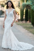 Allure Bridals A1302 front—Chantilly lace sheath with deep V-neck and cap sleeves on model.