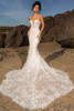 Front angle of Kitty Chen Emma gown highlighting structured corset bodice and lace detail