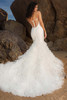 Rear view of Kitty Chen Windsor gown highlighting chapel-length ruffle train
