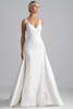 Front view of Farris by Madison James showing lace sheath gown with detachable satin overskirt