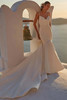 Front view of Felicity  by Madison James, satin fit-and-flare gown with draped cowl neckline