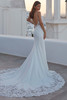 Back view of Fiori by Madison James showing low illusion back and chapel train with lace hem.