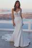 Front view of Fiori by Madison James with lace-appliqué bodice and crepe skirt.