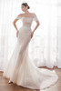 Back view of Martin Thornburg MT5101 glitter tulle mermaid gown with sculpted bodice and train.