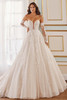 Front view of Martin Thornburg MT5110 ball gown with sweetheart neckline, lace appliques, and detachable gauntlet sleeves.