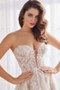 Close-up of Martin Thornburg MT5111 bodice with plunging sweetheart neckline and floral lace.