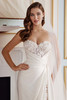 Close-up of Martin Thornburg MT5112 ruched bodice with lace appliques and strapless neckline.
