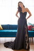 Front view of Martin Thornburg MT5112 sheath gown in black with sequin lace slit.