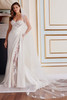 Front view of Martin Thornburg MT5112 sheath gown with sweetheart neckline and thigh-high slit