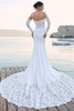 Back view of Sophia Tolli Y3180  featuring illusion lace back, fabric-covered buttons down bodice, and dramatic  train.