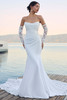 Full front view of Sophia Tolli Y3180 showing soft scoop neckline, off-shoulder long gauntlet sleeves, and fit-and-flare silhouette.