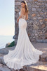 Back view of Sophia Tolli Y3183 featuring illusion boning in the back bodice and cascade of fabric-covered buttons over the long train.
