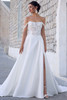 Full front view of Sophia Tolli Y3184 showing its off-shoulder A-line gown with sheer lace bodice and thigh-high slit.