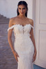 Close-up of Sophia Tolli Y3194 highlighting the semi-sheer corset bodice, delicate lace appliqués, and 3D floral off-the-shoulder detail