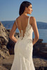 Detail of back close-up of Sophia Tolli Y3196 “Sigorni”, focusing on fabric-covered buttons, illusion panel, and lace appliqué.