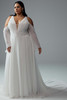 Front view of Y3181: flowing chiffon A-line, deep V-neck, detachable cold-shoulder bell sleeves, and natural waist