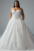 Full front view of Sophia Tolli Y3182B showing strapless sweetheart bodice, natural waist, and paneled jacquard ball gown skirt