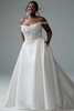 Front view of Y3184: scoop neckline, lace semi-sheer bodice over mikado  A-line skirt, pockets, no skirt slit in this version.