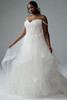 Front view of Y3186ball gown sweetheart bodice, lace appliqué, and dropped off-shoulder straps over layered tulle skirt