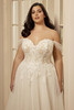 Close-up of the Portrait by Enzoani Bernadine corset-style bodice with exposed boning and sweetheart neckline.