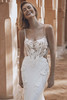 Close-up of Unique bodice with 3D chiffon floral appliqués and lace embroidery.
